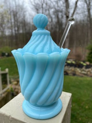 Vintage Blue Milk Glass Sugar Bowl With Glass Spoon.  Rare Unmarked