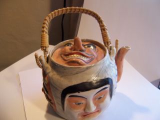 Rare Antique Japanese Banko 5 Faces Demon Teapot Meiji Signed But