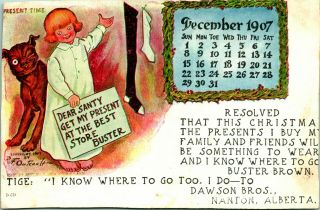 1907 Christmas Postcard Outcault Buster Brown & Tige Calendar Nanton Alberta Ca