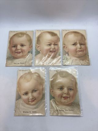 5 Antique Baby Postcards,  German American Novelty Art Series,  Baby ' s Habits 2