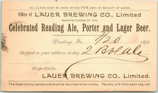 1892 Reading,  Pennsylvania Pa Business Postcard Lauer Brewing Co.  Beer / Receipt