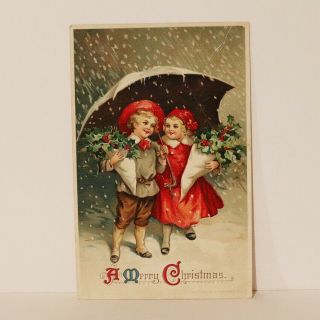 Merry Christmas Postcard - Kids Walking Snow With Umbrella