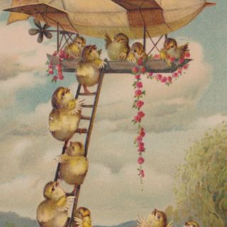 German Embossed Postcard Happy Easter Chicks Climbing Down Zeppelin Ladder Za28