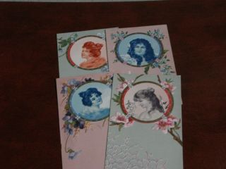 Set Of Four Art Nouveau Glamour Embossed Postcards - Young Women In Panels.