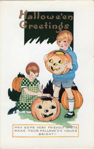 Halloween Postcard,  Published By Whitney,  Children Decorating Pumpkins.