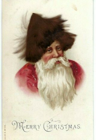 c 1910 Red Coat Santa St Nick Real Brown Fur Hat Large Face Postcard 2