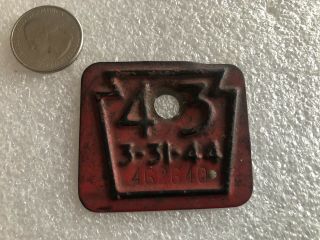 Rare Miniature License Plate 1943 Pa Fire Engine Red & Black Keystone 3 - 31 - 44
