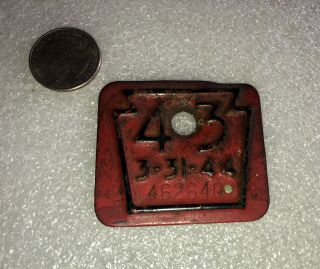 Rare Miniature License Plate 1943 PA Fire Engine Red & Black Keystone 3 - 31 - 44 2