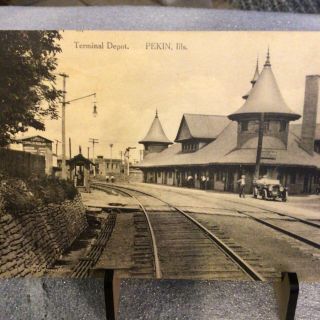 Vintage Post Card Rppc Terminal Depot Pekin Ill Cars People Train Tracks B&w
