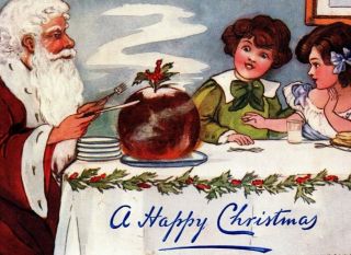 C 1906 Signed Tuck Red Coat Santa St Nick Shares Plum Pudding Cute Kids Postcard