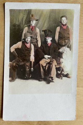 Colorized Rppc Studio View Of Four Western Cowboys.  One In Native Headdress