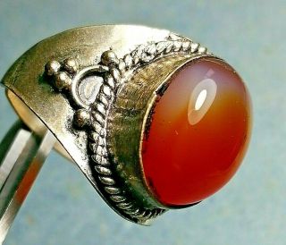 Ancient Silver Ring Rare Indo - Tibetan Carnelian Agate Bead 2