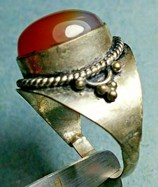 Ancient Silver Ring Rare Indo - Tibetan Carnelian Agate Bead 3