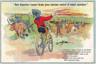 Bristol,  Ct,  Departure Mfg Co Adv Pc 3 Cowboy On Bicycle & Cattle C 1907 - 14
