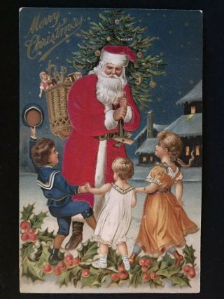 Silk Santa Claus With Happy Children Toys Antique Christmas Postcard - H660