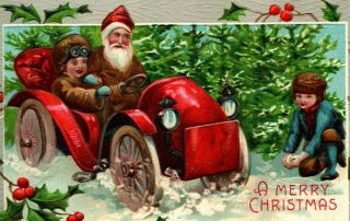 C 1910 Brown Coat Santa St Nick Driving Car Cute Boys Blue Mittens Postcard