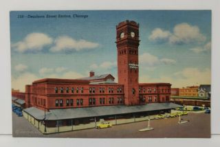 Dearborn Street Station Chicago Illinois Postcard Polk Clock Tower Taxi Stand