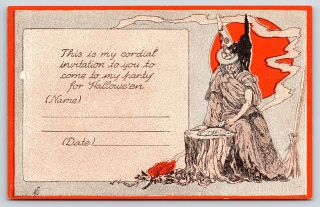 Halloween Party Invitation Witch Plays Cards Black Cat On Shoulder Art Deco Moon