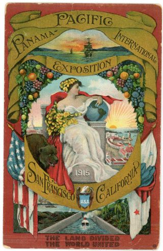 Postcard Panama Pacific Exposition San Francisco California Woman Flag 1915 Red