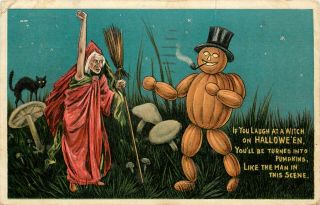 Embossed Halloween Postcard 876/3 Witch Casts Spell,  Turns Man Into Pumpkins