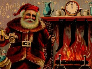 C 1910 Classic Santa St Nick Toys Stocking Roaring Fireplace Car Horse Postcard