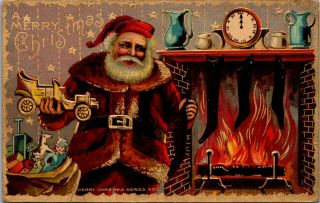 c 1910 Classic Santa St Nick Toys Stocking Roaring Fireplace Car Horse Postcard 2