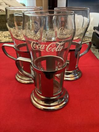3 Antique Soda Fountain Metal Glass Holders W/ Coca Cola Float Glass Rare