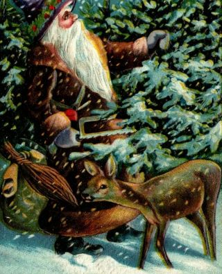 C 1910 Brown Coat Santa St Nick Cutting Down Christmas Tree Deer Postcard
