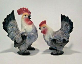 Pair Antique Japan Rooster Hen Figurines Set Split Tail Farmhouse Country Rare