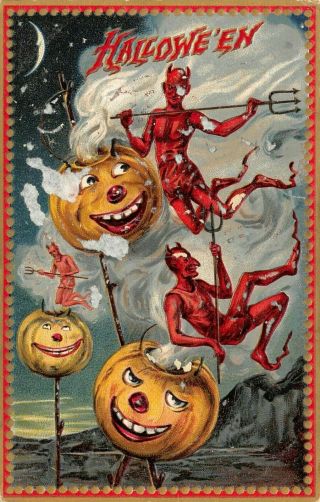 Raphael Tuck Halloween Series 160 Devils Pumpkins Postcard