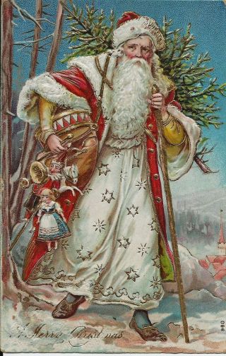 Embossed Card,  Santa In A White Robe With Red Coat Trimmed In Gold Gilding