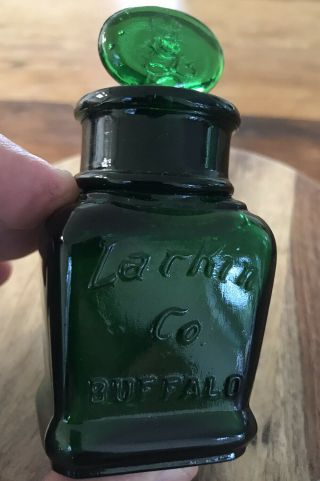 Rare Larkin Co.  Buffalo Small Green Emerald Glass Soap/ink Bottle With Lid