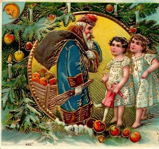 C 1910 Blue Coat Santa St Nick Sweet Kids Man In Moon Winter Scene Gilt Postcard