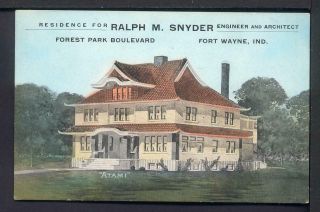 1910 Fort Wayne In Forest Park Boulevard Postcard Snyder House Architect Atami