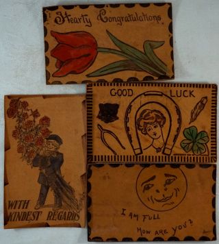4 Antique Leather Postcards Congratulations Good Luck Regards Moon 2 1¢ Stamps