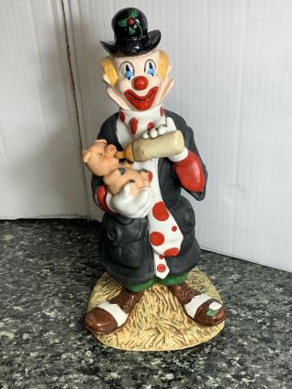 Large Lentai Porcelain Clown Feeding Baby Pig Figure Decanter Bottle - Rare 13”