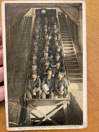 1913 Miners Ascending Mine.  Real Photo Postcard Green One Cent Stamp Michigan