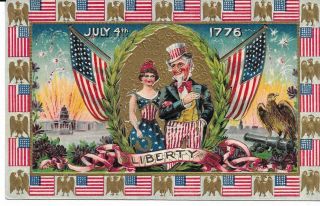 Antique July 4th Postcard Uncle Sam And Lady Liberty,  Arm In Arm,  Flags,  Eagle