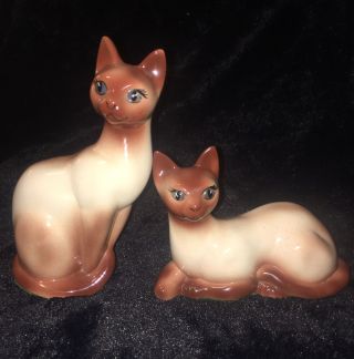 2 Rare Vintage Large Ceramic Siamese Cat Figurines W/blue Eyes From Vintage Euc
