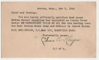 1949 Improved Order Of Red Men Pc Postcard Boston Massachusetts Sachem Correllus