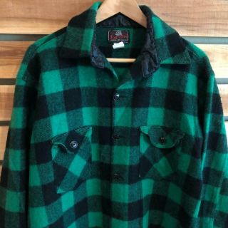 Rare Vtg 60s Johnson Woolen Mills Green Buffalo Plaid Wool Flannel Shirt L