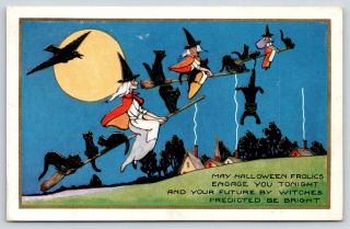 Halloween Witches Frolic On Brooms Dangling Black Cats Art Deco Whitney Made