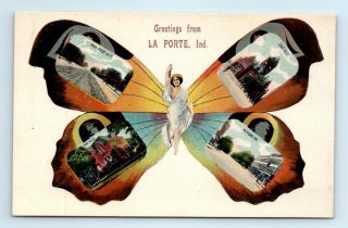 C1910 La Porte,  In Postcard - Butterfly Multiview Greetings - Pck