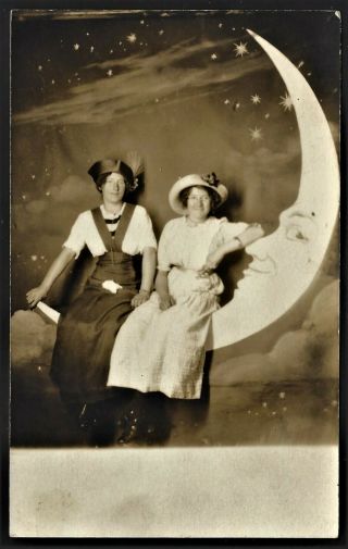 Rppc Studio Paper Moon With Two Nicely Dressed Women