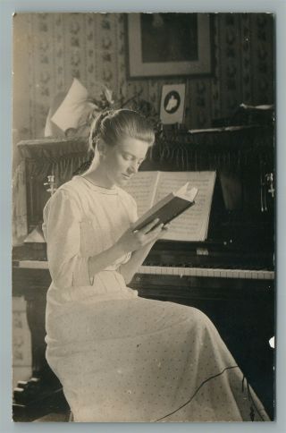 Romantic Girl Reading Book At Piano Antique Real Photo Postcard Rppc
