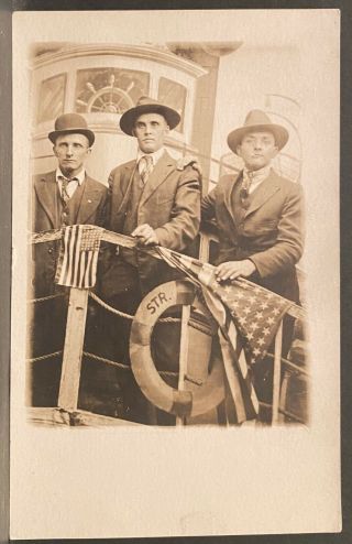 Real Photo Postcard Rppc Three Men On Studio Prop Steamer & Two American Flags