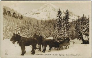 Four - Horse Sleigh Longmire Springs Inn Mount Rainier National Park Rppc Winter