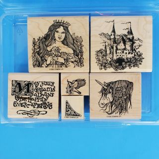 Stampin Up Camelot Stamp Set Rare 2002 Retired Fantasy Unicorn Castle Set Of 6