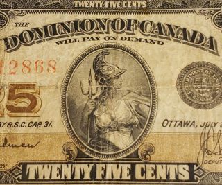 1923 Dominion Of Canada 25 Cents.  Rare Hyndman Signed & Authorized Banknote.