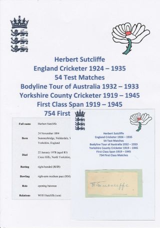 Herbert Sutcliffe England Cricketer Ashes Bodyline Tour 1932 - 1933 Rare Autograph
